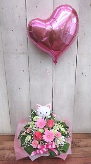 浮くハート付き◆白ネコとピンクのお花たち◆
